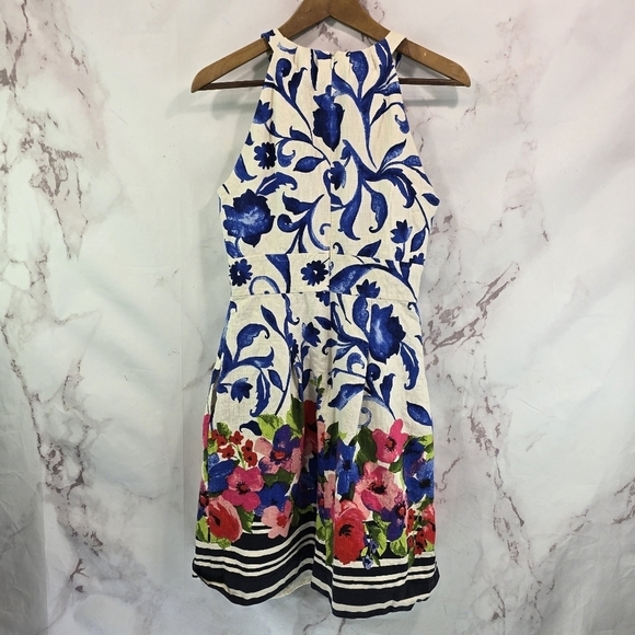Eliza J Dress Women 8 Medium Floral White Blue Sheath A Line Pleated Tank Flare - Picture 5 of 12